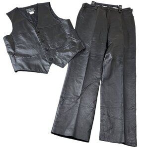 KS NEW 2pc Leather Black Mens Large Vest Pants 38X36 Tall Motorcycle Goth Grunge